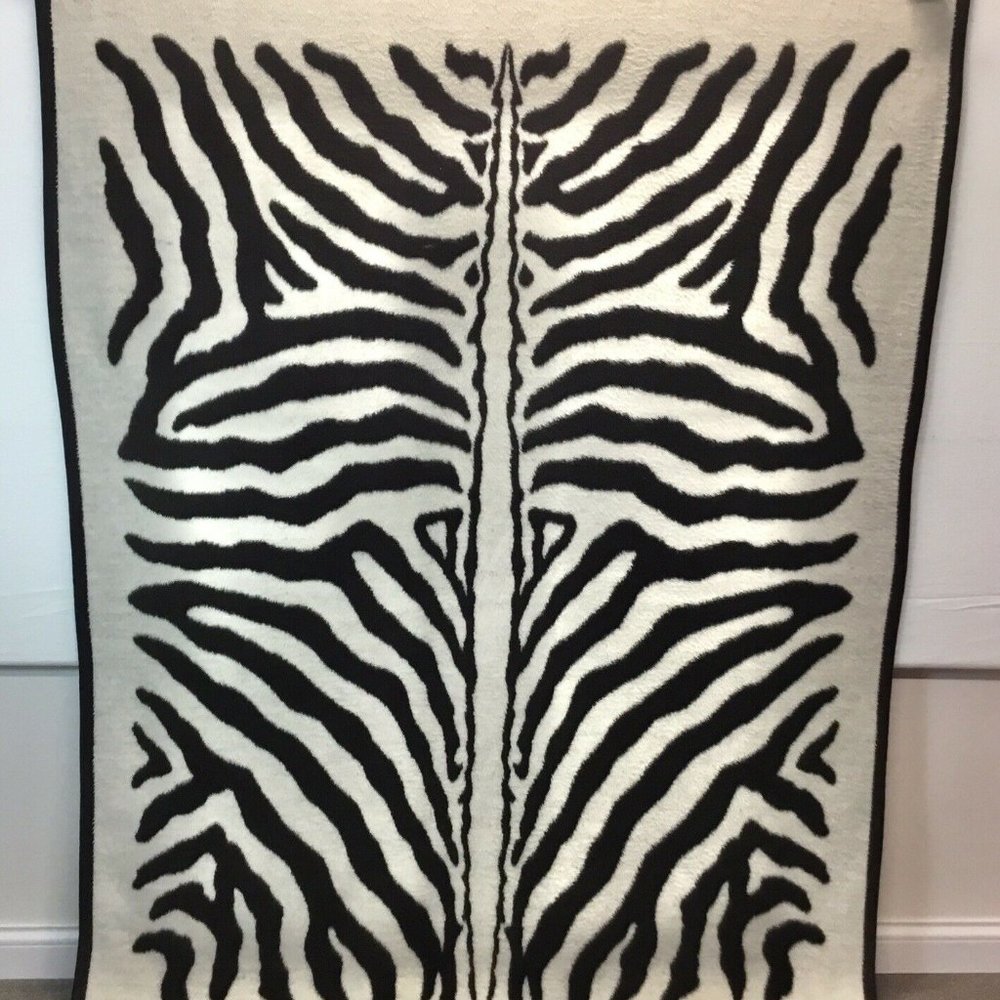 Zebra Blanket Reversible Crown Crafts Vuteks Yugoslavia Vtg Throw Plush 60 x 80 - Picture 6 of 10